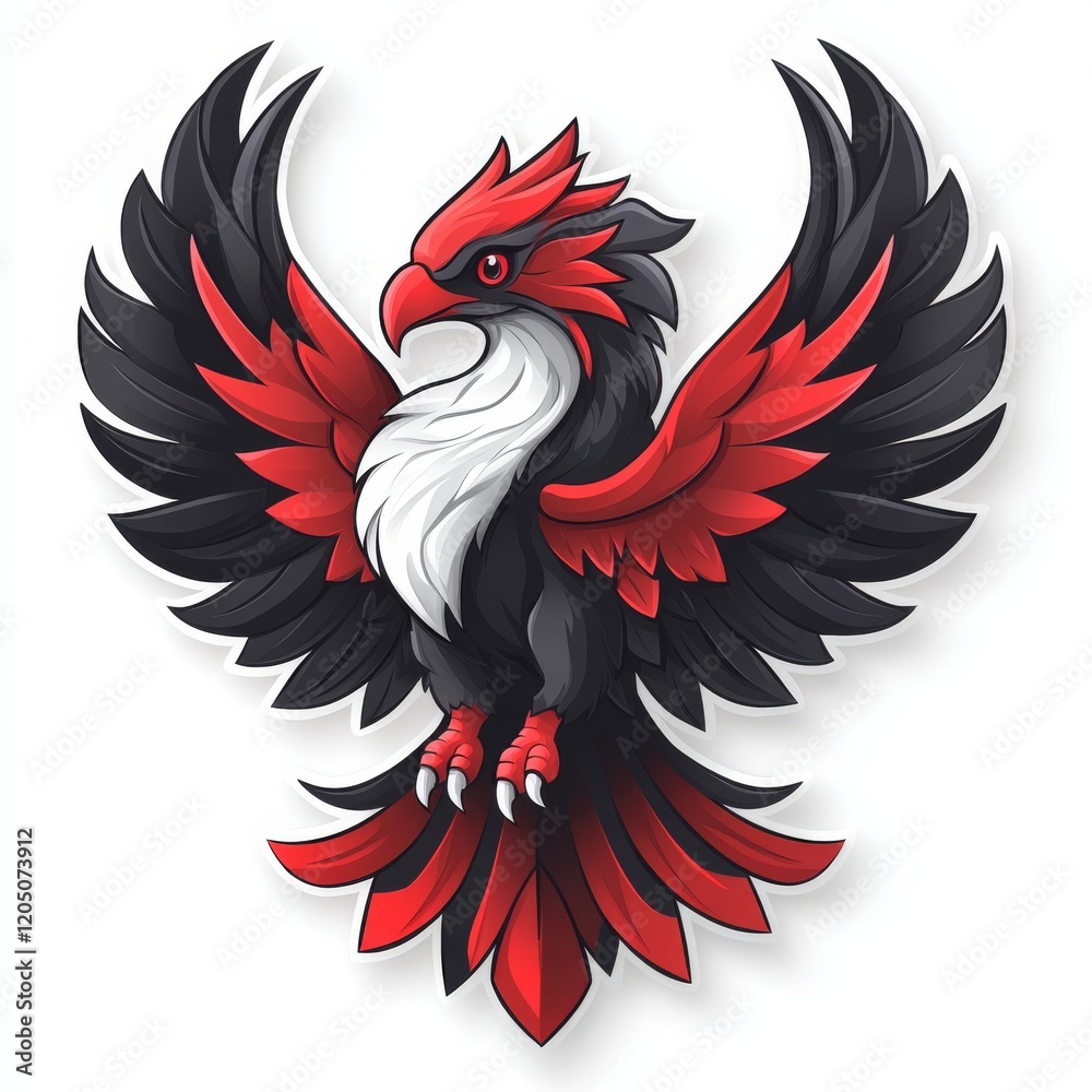 Obraz premium Striking Cartoon Phoenix with Red and Black Feathers Isolated on White Background