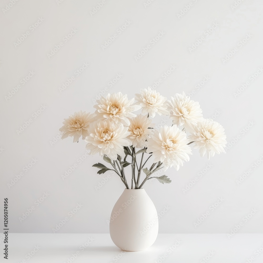 White chrysanthemums in a vase on a white background White chrysanthemums in a vase on a white background