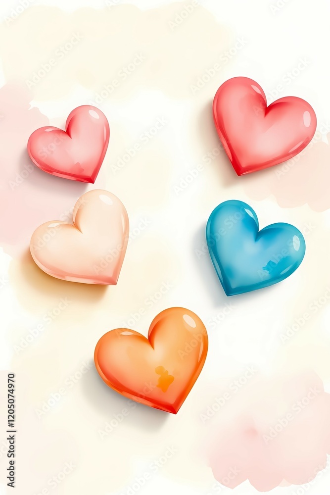 Colorful 3D hearts in different shades, gracefully arranged on a soft pastel background to create a fun artistic look Colorful 3D hearts in different shades, gracefully arranged on a soft pastel background to create a fun artistic look