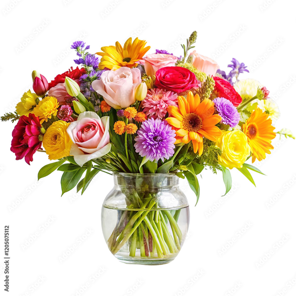 Obraz premium Bright and colorful bouquet of flowers in a clear glass vase isolated on transparent background