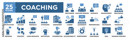 Coaching and Mentoring icon collection set. Containing design business, career, training, mentor, coach, strategy, success	