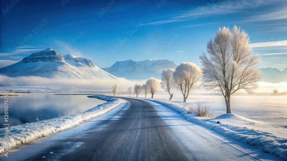 Snow-covered empty road in early winter with distant mountains and a frozen lake, misty atmosphere, bare trees, and a serene landscape, frozen landscape, iceland Snow-covered empty road in early winter with distant mountains and a frozen lake, misty atmosphere, bare trees, and a serene landscape, frozen landscape, iceland