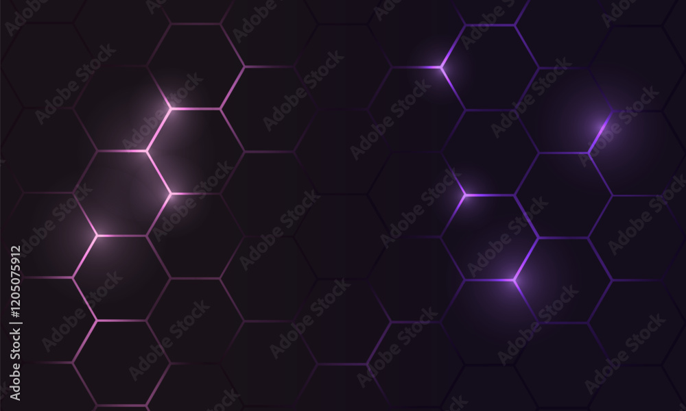 Hexagon technology futuristic dark vector abstract background with purple and pink colored bright flashes under hexagon. Hexagonal gaming honeycomb tech abstract background. Hexagon technology futuristic dark vector abstract background with purple and pink colored bright flashes under hexagon. Hexagonal gaming honeycomb tech abstract background.