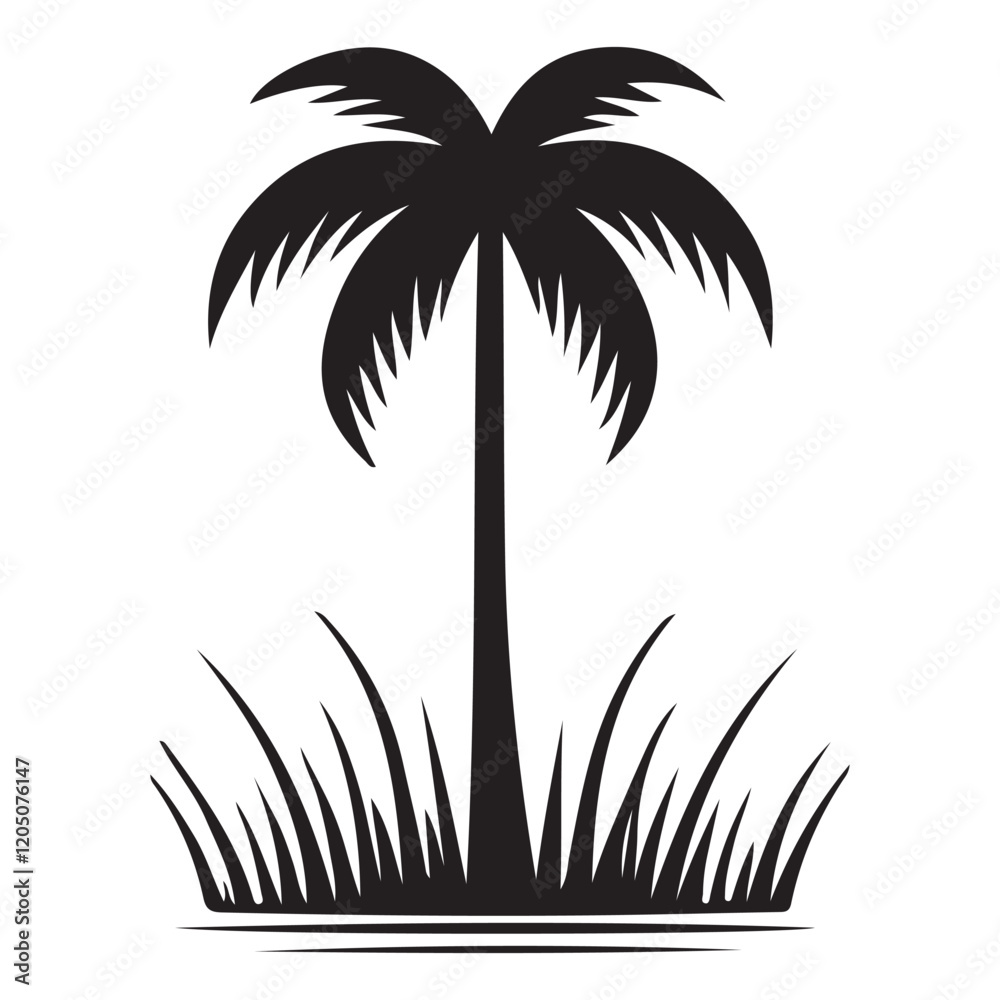 Fototapeta premium Palm Tree Silhouette on Tropical Island Grassy Shore