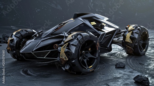 Car with a powerful motor, designed for high-speed transport. Black car with gold details, an extreme sport vehicle.