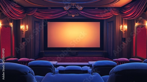 An elegant home theater with comfortable plush seating and a large screen awaits moviegoers photo