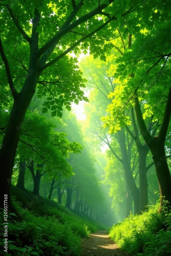 Naklejka premium Leafy canopy overhead with dappled light filtering, light, foliage, verdant