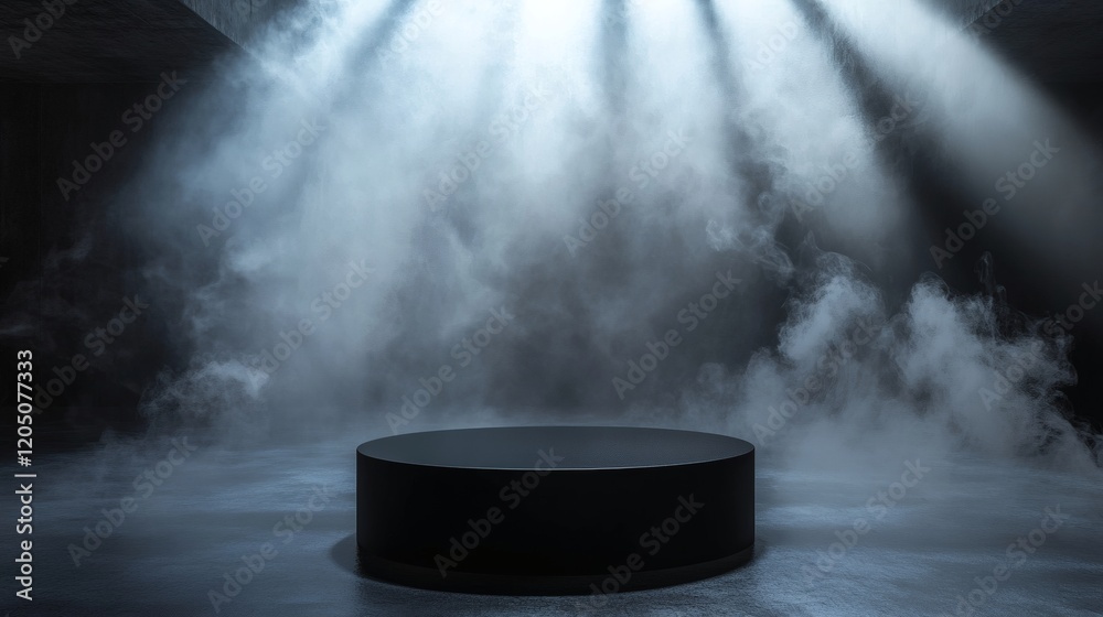 Dramatic Dark Studio with Fog and Spotlight on Black Cylindrical Pedestal Dramatic Dark Studio with Fog and Spotlight on Black Cylindrical Pedestal