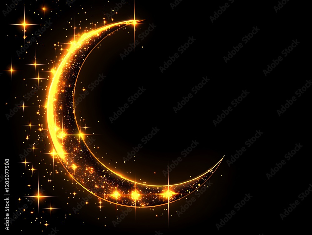Fototapeta premium Golden Crescent Moon with Sparkling Stars Background