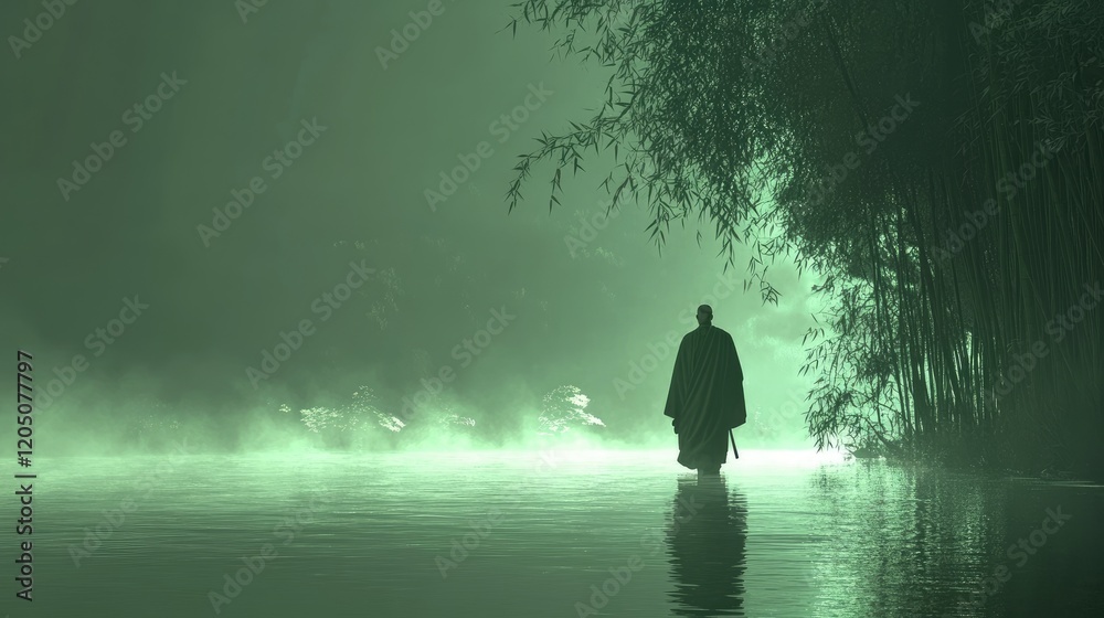 Fototapeta premium Monk Walking Through Misty Water Towards Bamboo