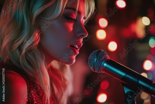 Woman sings into microphone with Christmas lights