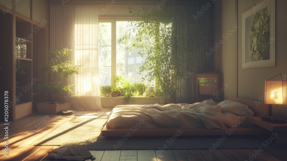 Serene Sunlight Filled Bedroom With Plants And Wooden Floor Serene Sunlight Filled Bedroom With Plants And Wooden Floor