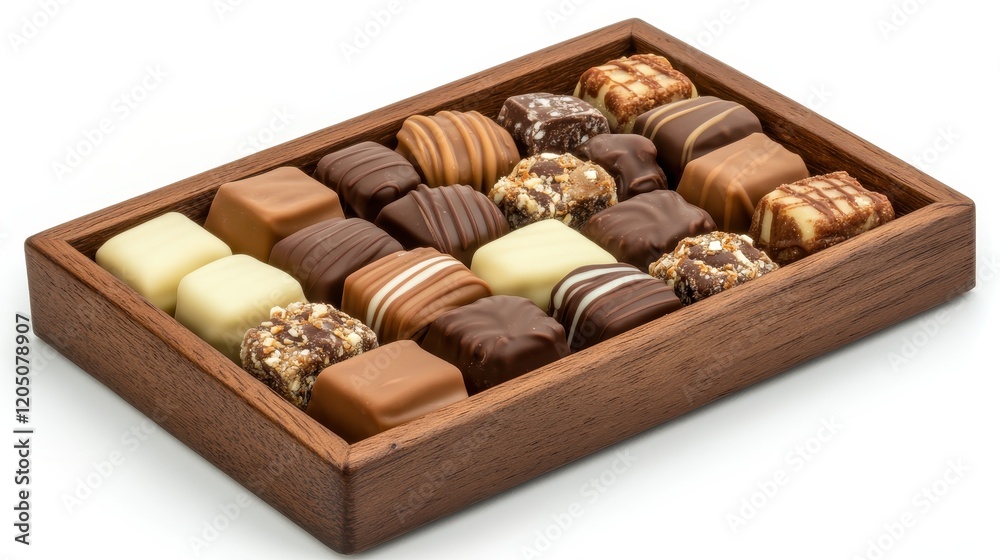 Assorted Chocolates Displayed in Elegant Wooden Box, Perfect for Gift Giving, Special Occasions, or Treating Loved Ones to a Delectable Experience Assorted Chocolates Displayed in Elegant Wooden Box, Perfect for Gift Giving, Special Occasions, or Treating Loved Ones to a Delectable Experience
