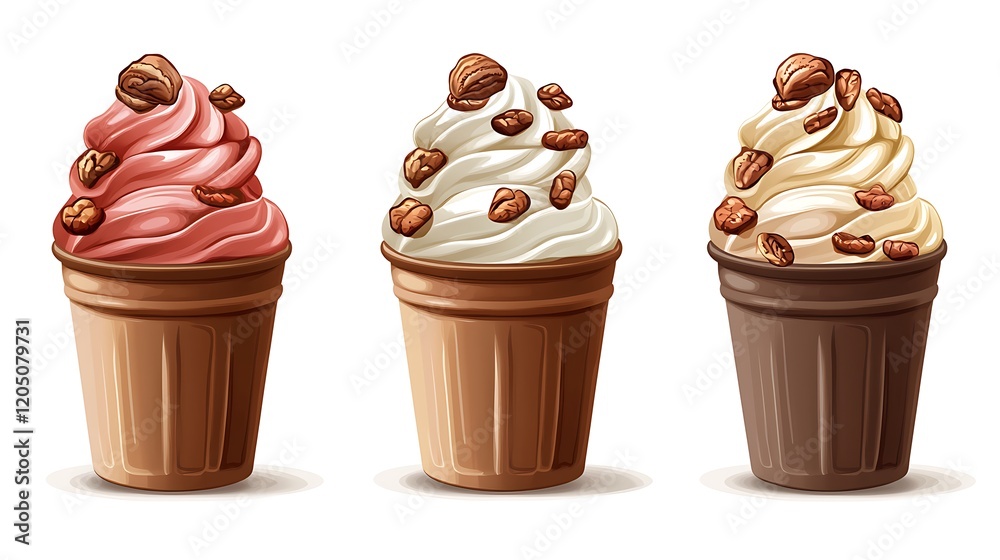 Three Delicious Ice Cream Cups with Walnuts - Strawberry, Vanilla, and Chocolate Flavors.