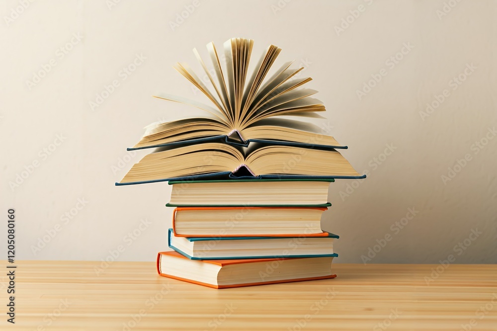 Fototapeta premium A stack of five books with the top one open on a wooden table and a plain background.