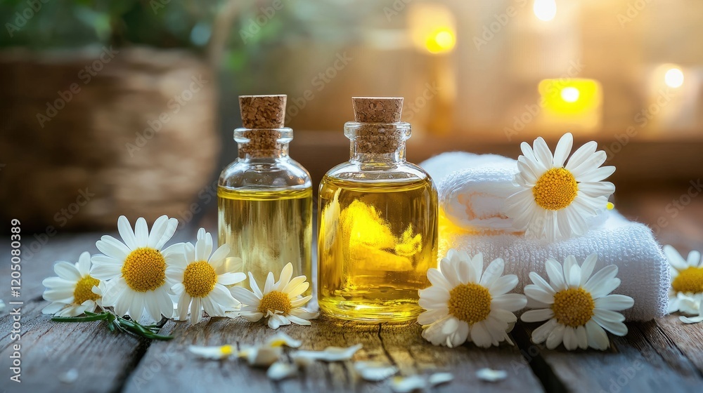 Chamomile Essential Oils Bottles and Towels Spa Setting Chamomile Essential Oils Bottles and Towels Spa Setting