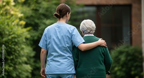 A caregiver in a blue uniform supports an elderly person wearing a green sweater, walking together in a peaceful outdoor setting.
