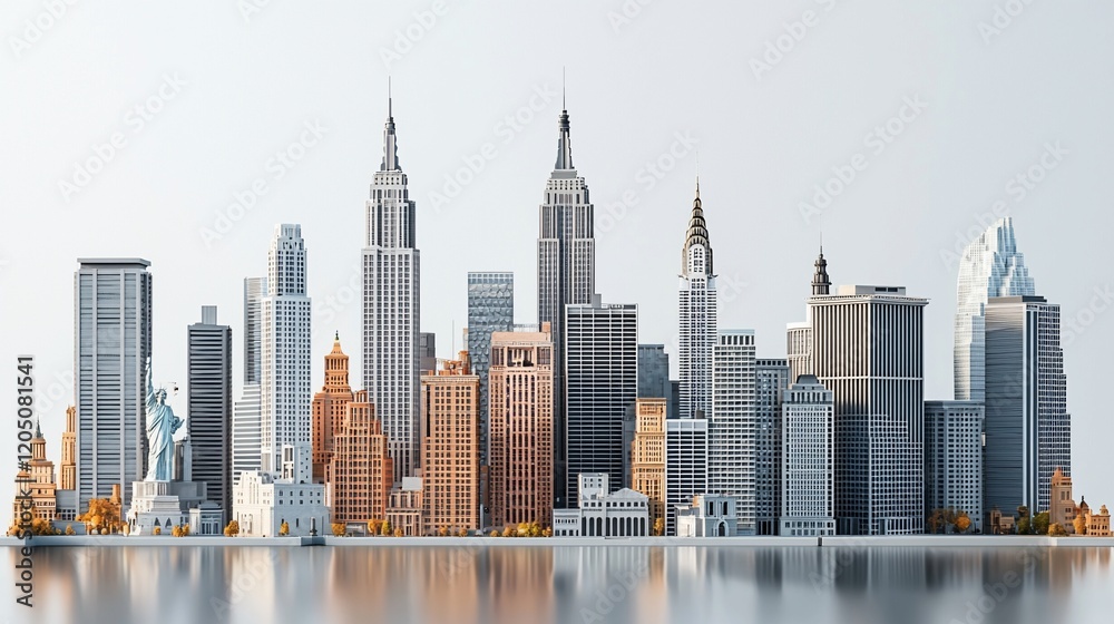 Obraz premium Stylized cityscape skyline with iconic buildings reflected in water.