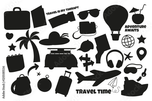 Set silhouette of travel elements hand drawn with lettering