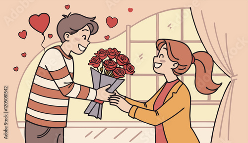 Valentine's Day, men and women express their love, linear characters, to be filled in, the characters tend to be cartoons