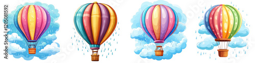 Joyful Hot Air Balloons Flying Through a Rainy Sky with Colorful Designs and Whimsical Clouds in a Stitched Illustration