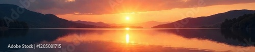 Sunset over a tranquil lake with soft warm light, serenity, peaceful atmosphere