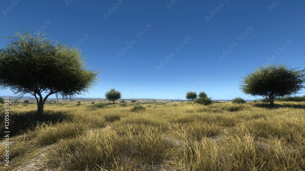 Obraz premium Savanna landscape, acacia trees, dry grass, clear sky, travel brochure