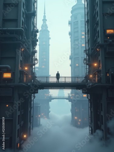 A lone figure stands on a suspended bridge amid towering cyberpunk skyscrapers with industrial designs, glowing neon lights, and a pale sky. A moody, futuristic dystopian scene
