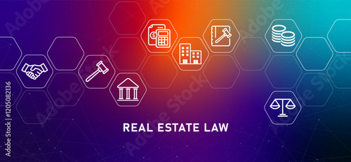 Real Estate Law housing apartment legal aspect consultation service gradient header residential agreement property terms design concept with icon