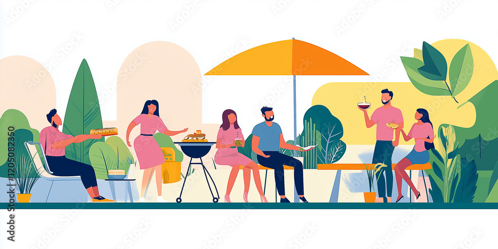 Fototapeta premium Eine Gruppe von Leuten grillt in ihrem Garten – eine glückliche Familie ist gemeinsam. Grillen, Familienleben, Essen,Barbeque, Steak