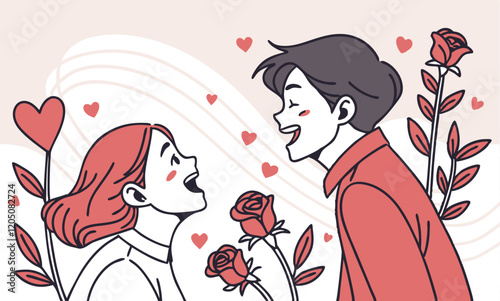 Valentine's Day, men and women express their love, linear characters, to be filled in, the characters tend to be cartoons