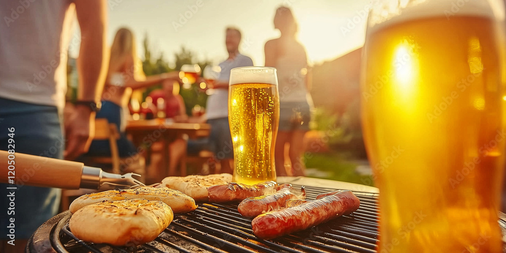 Obraz premium Eine Gruppe von Leuten grillt in ihrem Garten – eine glückliche Familie ist gemeinsam. Grillen, Familienleben, Essen,Barbeque, Steak