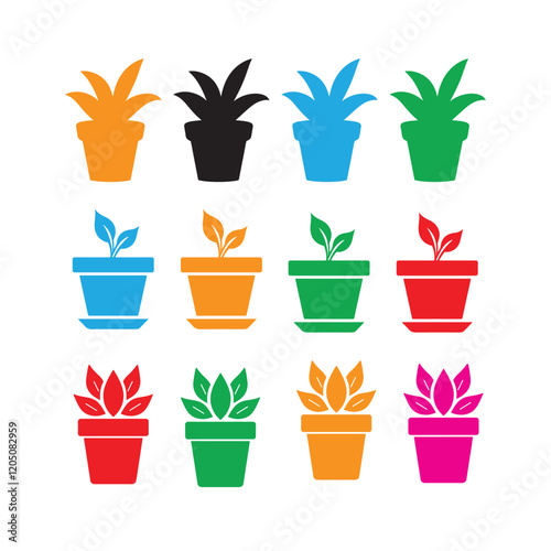 House plant in a pot Black and White silhouette on white background