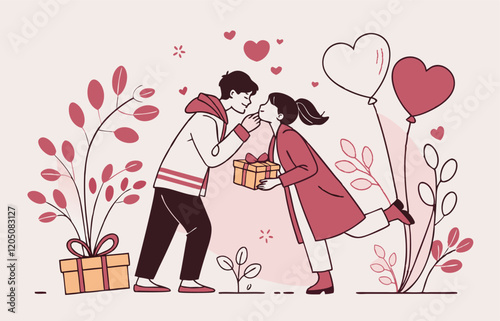 Valentine's Day, men and women express their love, linear characters, to be filled in, the characters tend to be cartoons