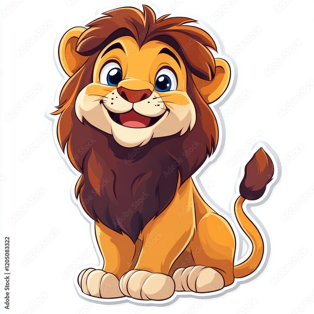Obraz premium Adorable Cartoon Lion Cub with a Friendly Smile and a Sweet Expression Sitting Down with a white Background