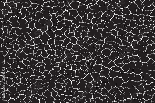 White cracks on black background. Vector illustration. Monochrome background of coarse soil. 