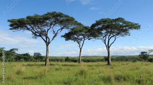 Savannah trees, grasslands, clear sky, African landscape, nature