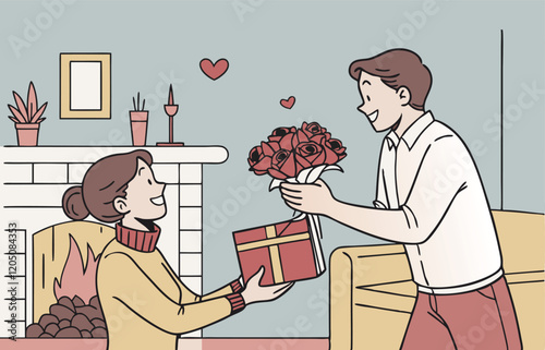 Valentine's Day, men and women express their love, linear characters, to be filled in, the characters tend to be cartoons
