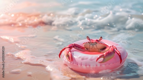 Crab Shaped Pastel Float Ring Near Sandy Beach Playful and Cute Summertime Scene photo