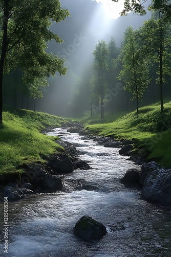 Serene stream flowing through misty forest.