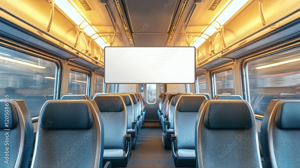 Naklejka premium Blank ad blends into train interior, smooth design contrasts active commuters.