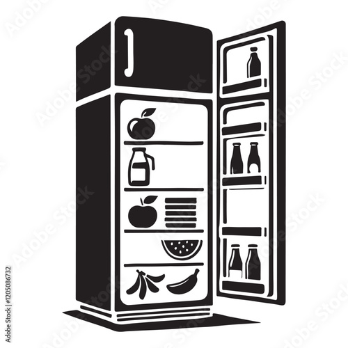 Silhouette Illustration of a Full Refrigerator with Open Door