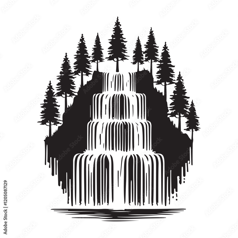 Majestic Waterfall Silhouette in a Pine Forest Illustration Majestic Waterfall Silhouette in a Pine Forest Illustration