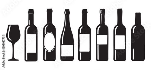 Wine Bottles and Glass Silhouette Vector Illustration