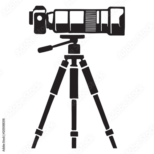 Camera with Telephoto Lens on Tripod Silhouette Vector