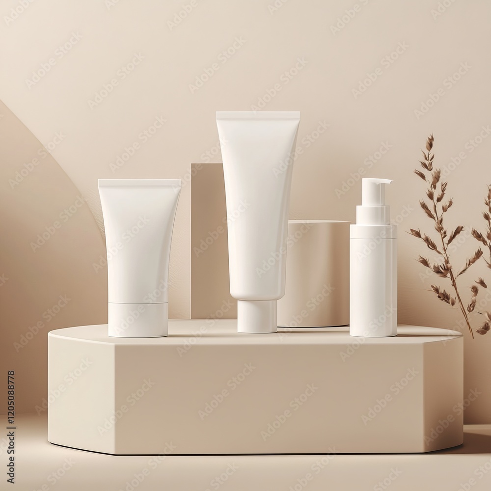 3d render of cosmetic products on a podium in beige background
