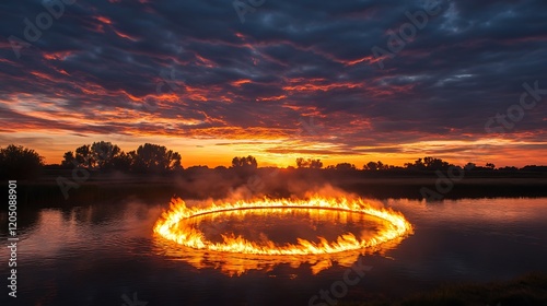 A ring of fire above a riverbank at sunset, with the flames reflecting off the water's surface