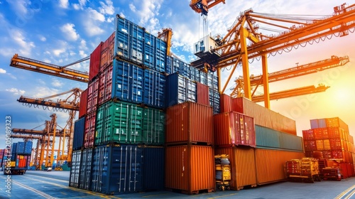 Colorful Shipping Containers Stacked at a Busy Port with Cranes and a Beautiful Sunset Sky Reflecting Urban Industrial Activities