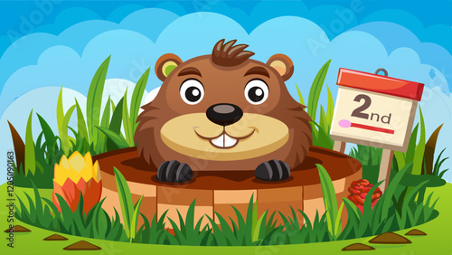 AI Generated cheerful groundhog peeking out of its burrow on February 2nd, with a sunny sky and green grass in the background.