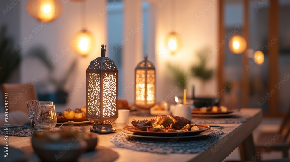 Warmly Lit Dinner Table With Roasted Chicken Warmly Lit Dinner Table With Roasted Chicken